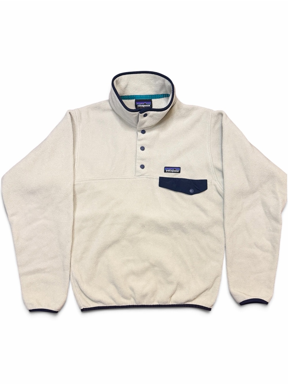 Patagonia Synchilla Cream Fleece Snap-T Pullover with Navy Trim sz. XS